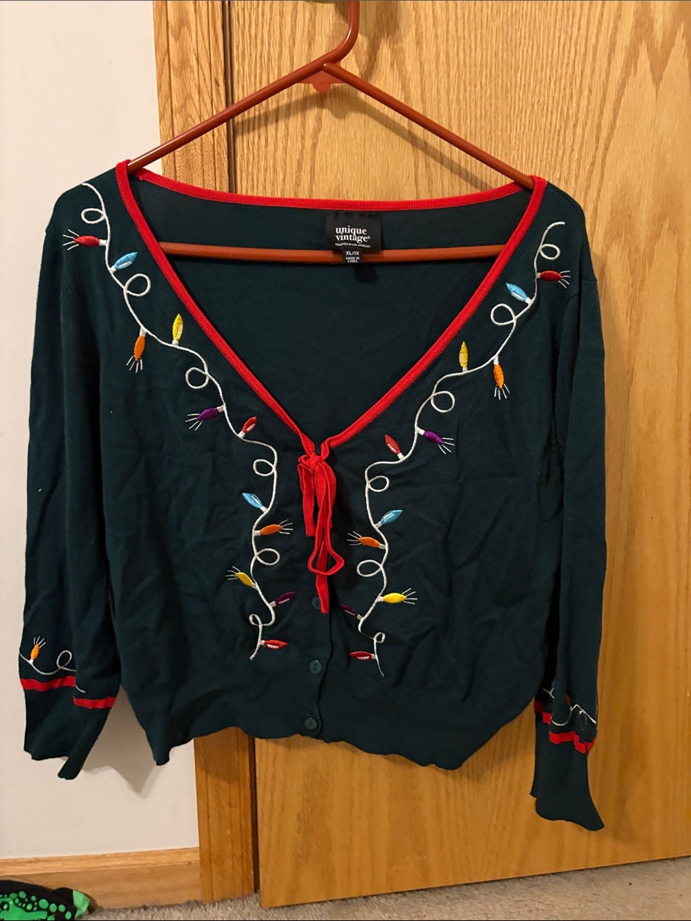 Unique Vintage Women's Dark Green Embroidered Cardigan Sweater - Red Trim